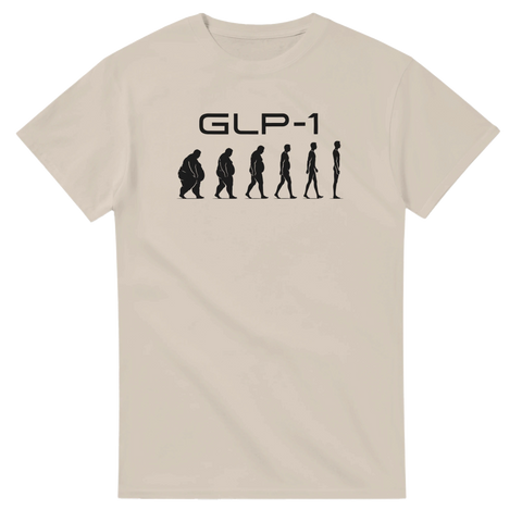GLP-1 citat och silhuetter som visar snabb viktnedgång – beige t-shirt med budskap