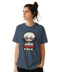 Argt anime-ansikte med texten "JAG HATAR FOLK" på mörkblå t-shirt.