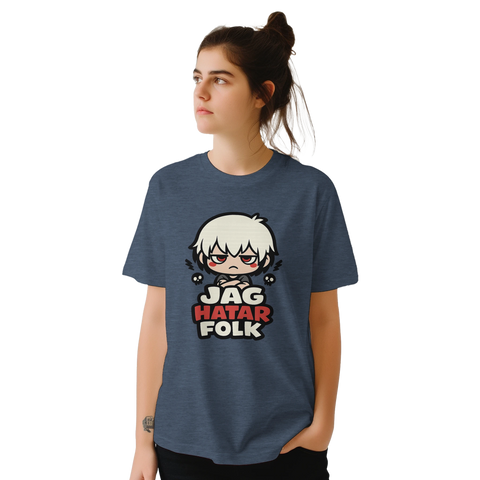 Argt anime-ansikte med texten "JAG HATAR FOLK" på mörkblå t-shirt.