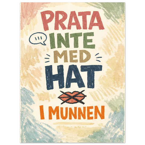 Färgglad svensk textposter med handstilsstil och dekorativa grafiska element som pratbubblor och streck i rött, grönt och blått.