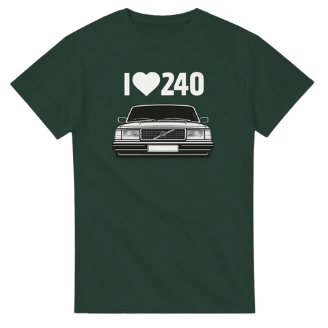 Minimalistiskt bilmotiv med texten I love 240 på mörkgrön t-shirt