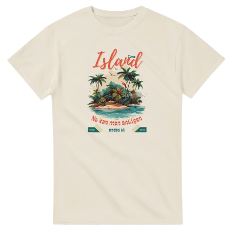 semester t-shirt Island Time vit med strand- och palmillustration