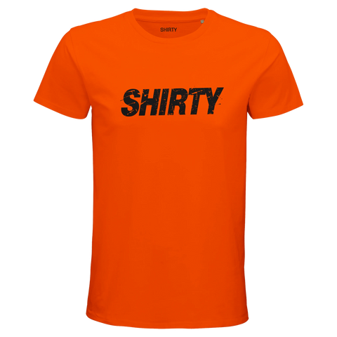 Orange t-shirt med grafiskt motiv i en modern retrostil