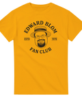 Edward Blom Fan Club-tryck med karikatyr av Blom i stråhatt, på gul T-shirt.