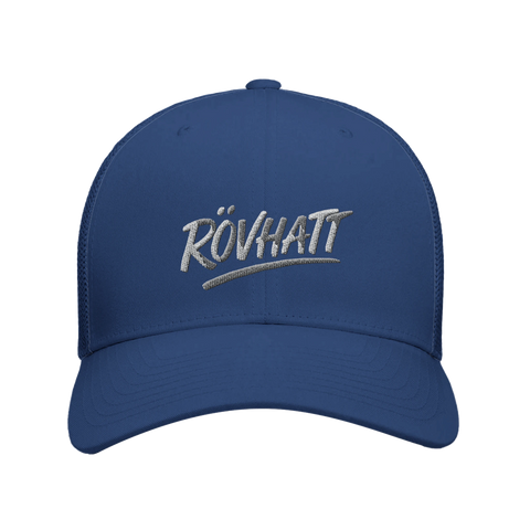 RÖVHATT" broderad text i grått på marinblå trucker keps, satirisk stil.