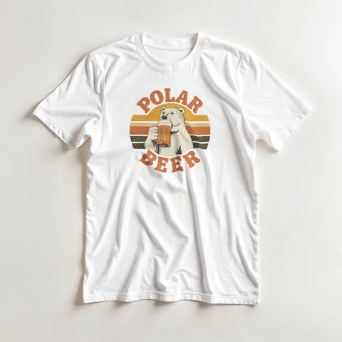 Slitet retro-tryck med öltema och arktisk isbjörn på vit t-shirt