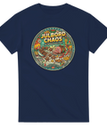 Vintageinspirerad grafik föreställande 'Julbord Chaos' med matkrig – grafisk t-shirt