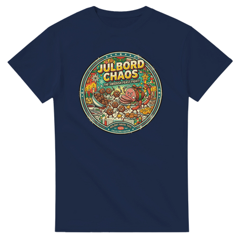 Vintageinspirerad grafik föreställande 'Julbord Chaos' med matkrig – grafisk t-shirt