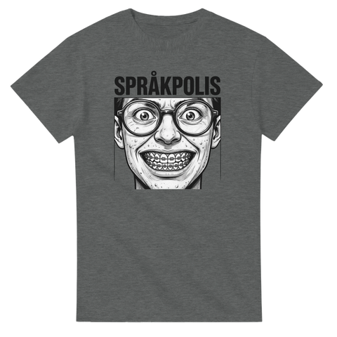 Satirisk illustration av en intensiv språkpolis – grafisk t-shirt med text