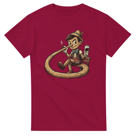 Pinocchio lifestyle motiv med lång näsa och vinglas – humoristisk t-shirt