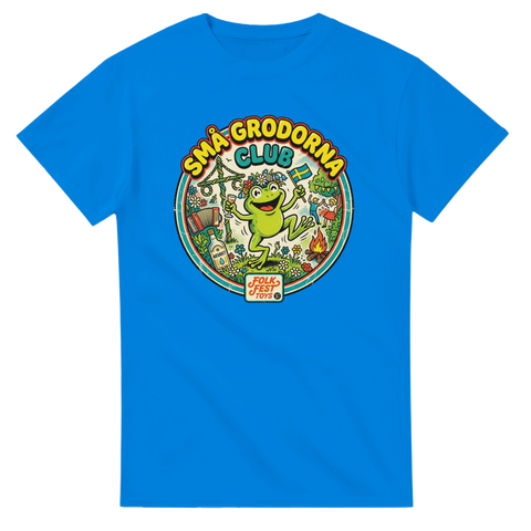 Vintage inspirerat tryck med akvavit och midsommarfirande på blå t-shirt