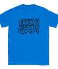 Blå t-shirt med en provokativ illustration av texten Fakk u Gooby