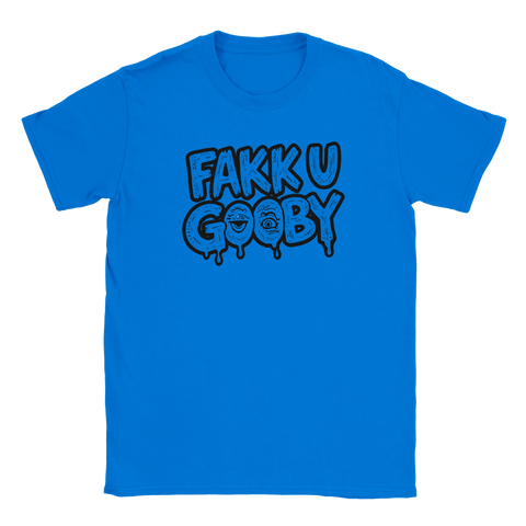 Blå t-shirt med en provokativ illustration av texten Fakk u Gooby