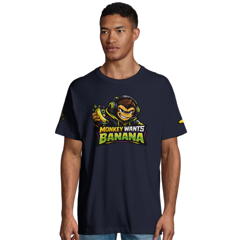 Tecknad gaming-apa med banan och text "MONKEY WANTS BANANA" på marinblå oversized ekologisk t-shirt.