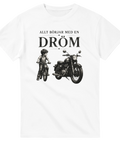 Vintageillustration av pojke på cykel och klassisk motorcykel – grafisk t-shirt