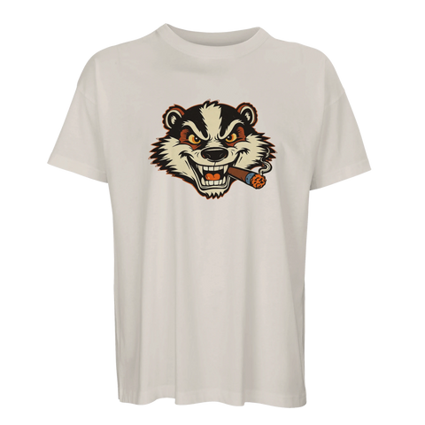 Billy Badger seriefigur med cigarr på vit oversized t-shirt i retrostil.