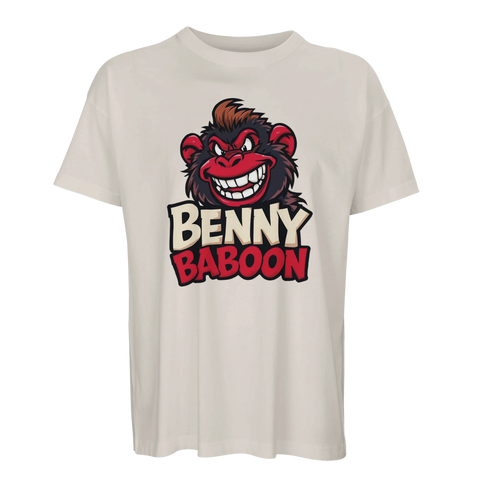 Humoristisk cartoon-apa med vilda ögon tryckt på ljusbeige t-shirt