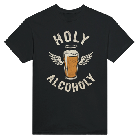 Grafiskt öltryck med vingar och gloria – humoristisk t-shirt