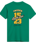 Grön t-shirt med historiskt 1523-motiv och handskriven signatur