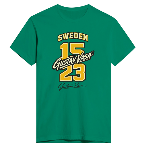 Grön t-shirt med historiskt 1523-motiv och handskriven signatur