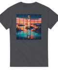 Retro landskapsmotiv med speglingar i vatten och vertikal text – grå t-shirt