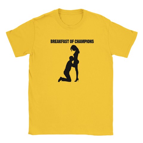 Gul t-shirt med satirisk textdesign och minimalistiskt motiv