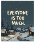 Närbild på en poster föreställande små vinterstugor med tända lampor längs en snöig väg under en mörkblå himmel.