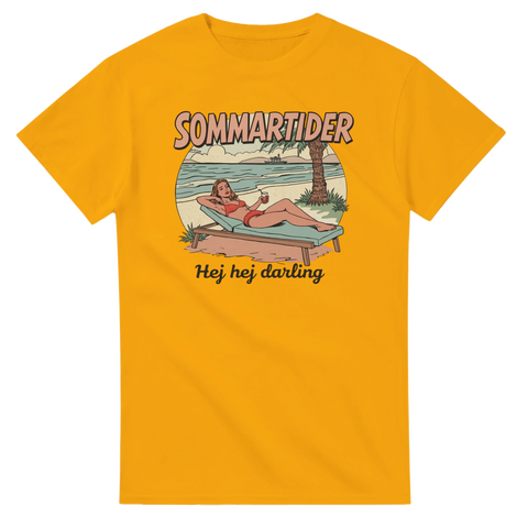 Vintage sommar-motiv med texten Sommartider hej hej darling – gul t-shirt