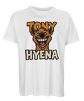 Vit ekologisk t-shirt med humoristiskt Tony Hyena-tryck i färg