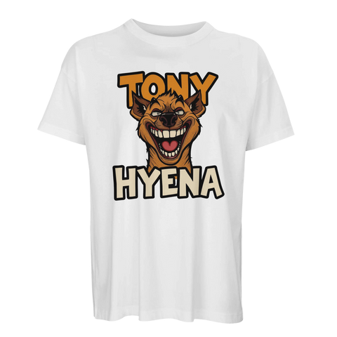 Vit ekologisk t-shirt med humoristiskt Tony Hyena-tryck i färg