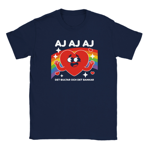 Färgglad grafisk illustration av ett bankande hjärta – t-shirt med humor