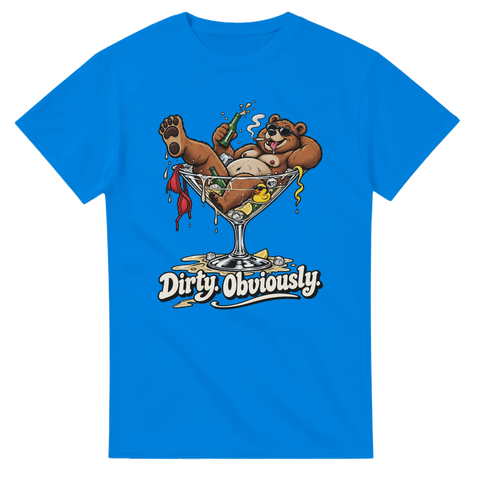 Dekadent björnmotiv med drink och cigarr på en blå t-shirt