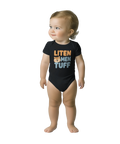 Liten men tuff" text med tigeransikte på svart babybody