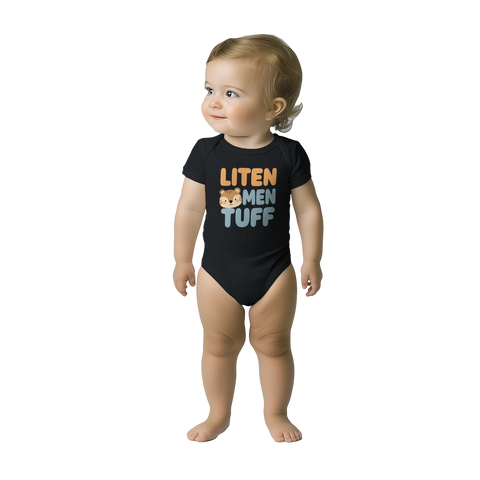 Liten men tuff" text med tigeransikte på svart babybody