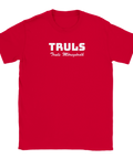 TRULS Truls Möregårdh" text i vitt på röd t-shirt.