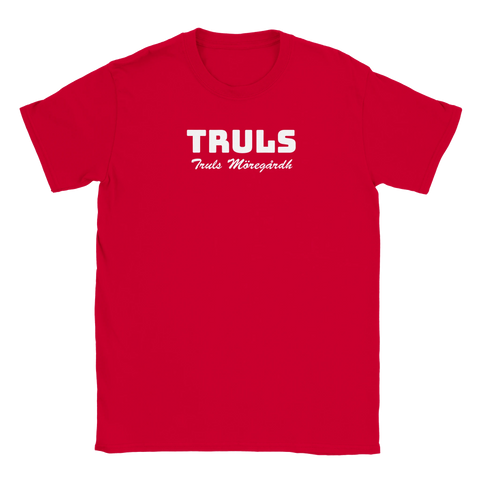 TRULS Truls Möregårdh" text i vitt på röd t-shirt.