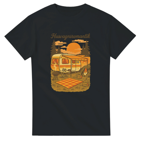 Mörkgrå t-shirt med grafiskt tryck av klassisk husvagn och grill