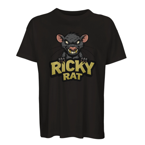 Grafiskt motiv av en stressad råtta tryckt på svart t-shirt