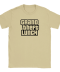 Grand Theft Lunch texttryck i svart på en beige t-shirt med rund hals, gaming-satir.