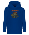 Grafiskt motiv av en solbadande stegosaurus på blå huvtröja