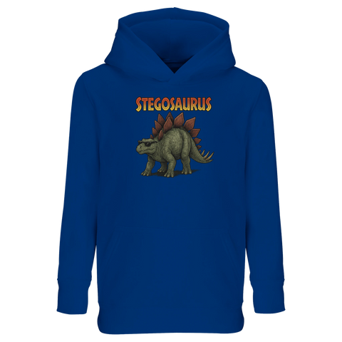 Grafiskt motiv av en solbadande stegosaurus på blå huvtröja