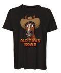 Illustration av flinande cowboyhäst med hatt tryckt på svart t-shirt