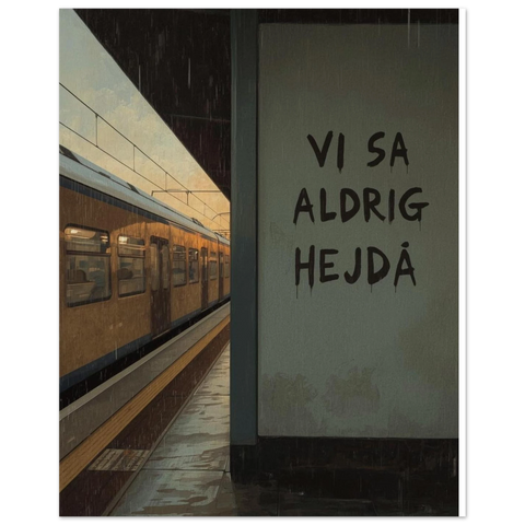 Närbild på en vägg på en tågstation med handskriven text i svart färg som lyder Vi sa aldrig hejdå i regnrusk.