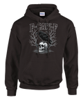 Gothic hoodie design med en korp sittandes på en mänsklig skalle
