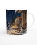 Mugg med tomte, snölandskap och versen Midvinternattens köld är hård.