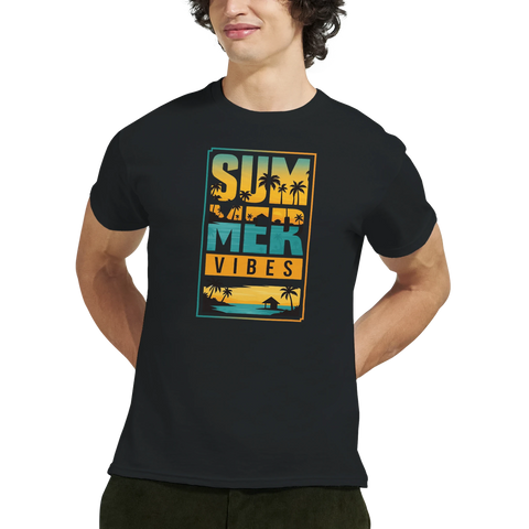 Summer Vibes" text med palmer, solnedgång och strandhydda i retrostil på svart t-shirt.