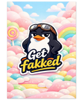 Pingvin med flygglasögon i pastellvärld med texten Get Fakked – rolig poster