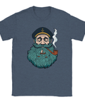 Detaljrikt tryck med nostalgisk sjöfartstema på mörkblå melerad t-shirt