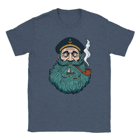 Detaljrikt tryck med nostalgisk sjöfartstema på mörkblå melerad t-shirt