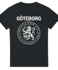 Svart t-shirt med texten "Göteborg Glenn Glenn Glenn" och ett vitt lejonemblem – humoristisk hyllning till Göteborg och västkustkultur

